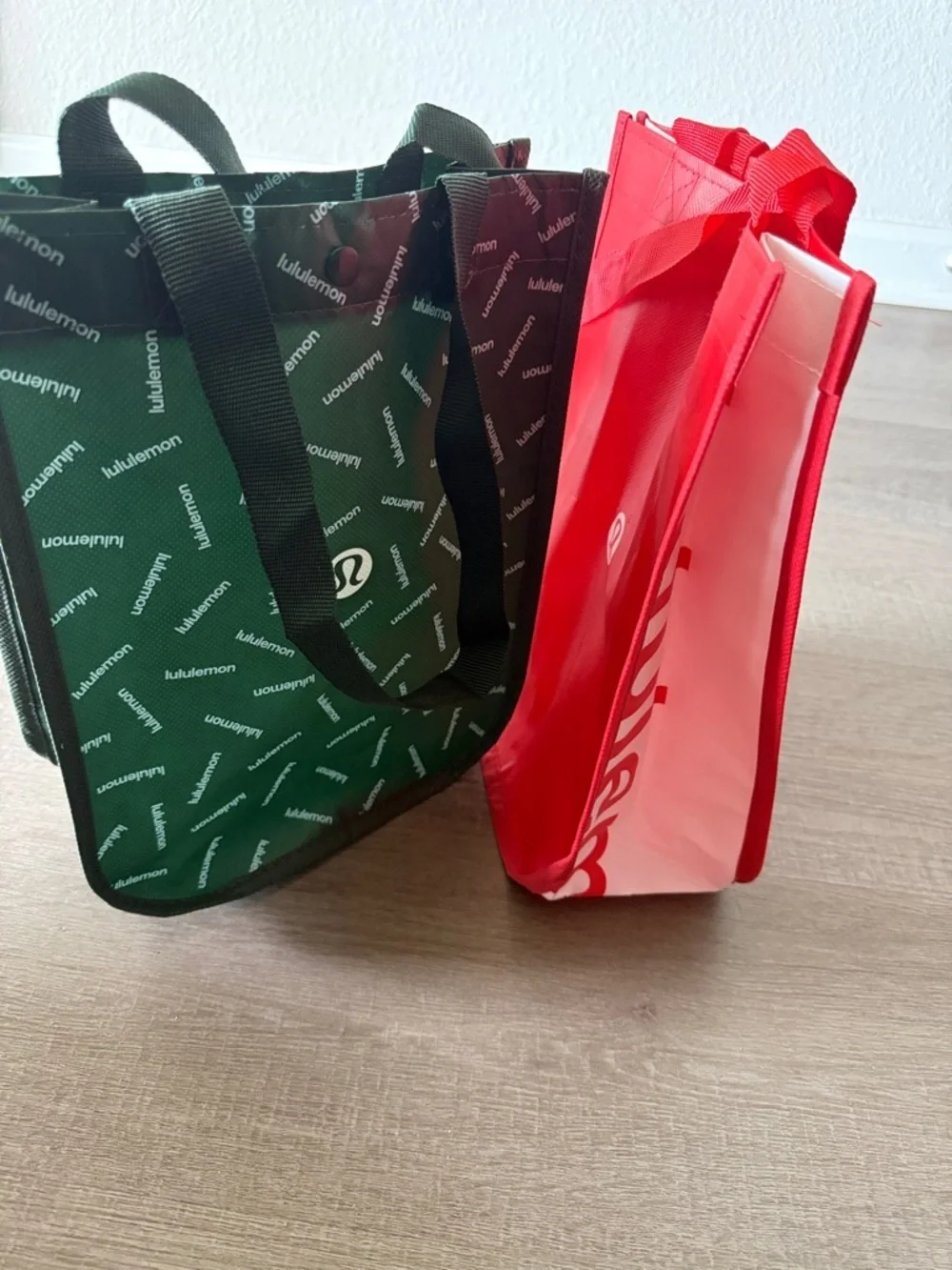 lululemon Set of 2 athletica Olive Green and Red Logo Reusable Tote